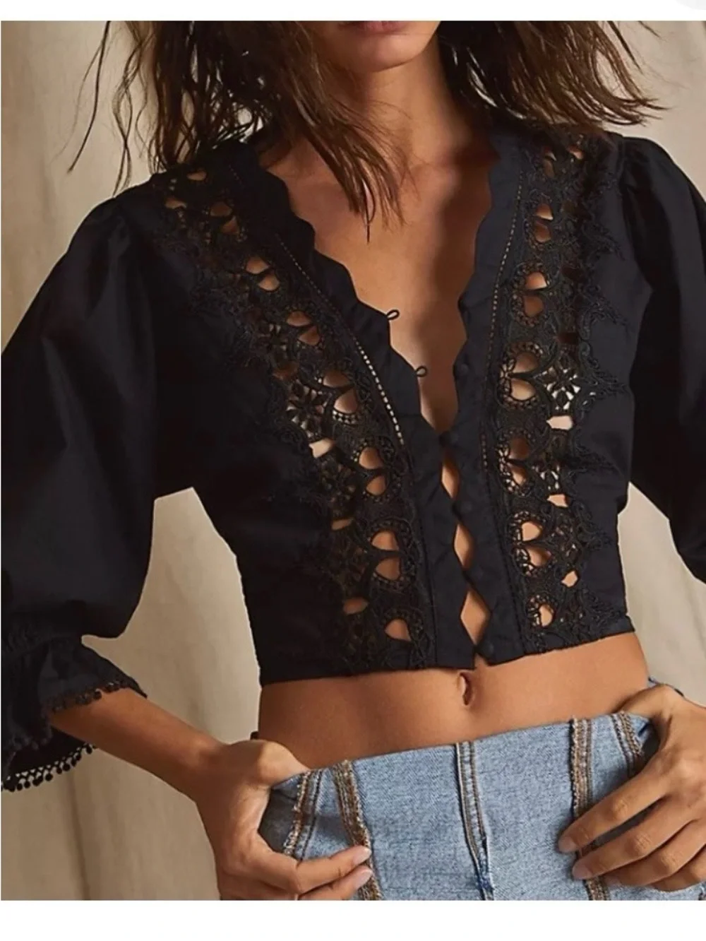 Free People Black Louella Embroidered Crochet Cropped Cotton Black Top Size S